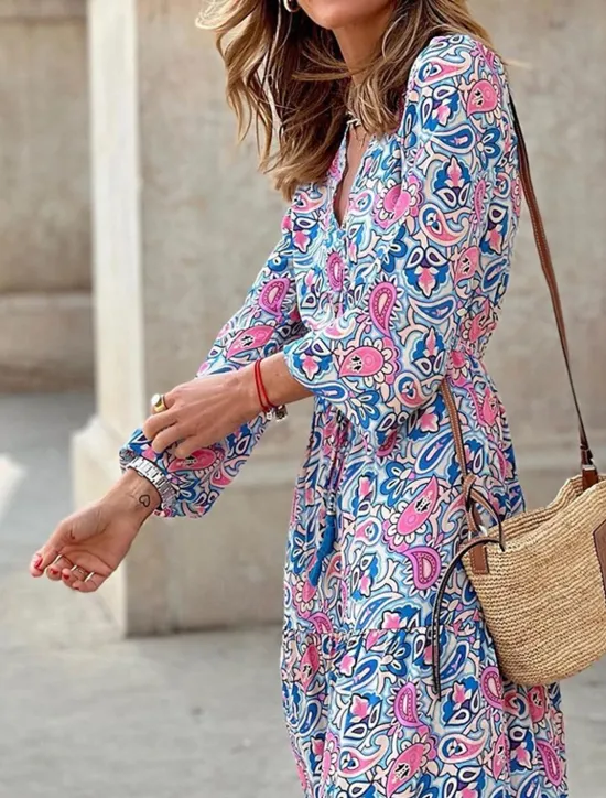 Outlet Women's Maxi long Dress Casual Dress Boho Chic Dresses Long Sleeve Boho Dress Boho Dress Elegant Bohemia Stylish Winter Dress Vacation Daily Regular Fit Floral Long Sleeve V Neck Pink Green Fall Women Spring Dresses