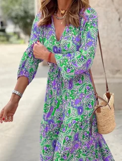 Outlet Women's Maxi long Dress Casual Dress Boho Chic Dresses Long Sleeve Boho Dress Boho Dress Elegant Bohemia Stylish Winter Dress Vacation Daily Regular Fit Floral Long Sleeve V Neck Pink Green Fall Women Spring Dresses