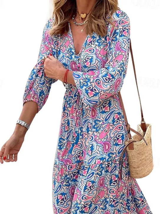 Outlet Women's Maxi long Dress Casual Dress Boho Chic Dresses Long Sleeve Boho Dress Boho Dress Elegant Bohemia Stylish Winter Dress Vacation Daily Regular Fit Floral Long Sleeve V Neck Pink Green Fall Women Spring Dresses