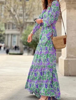 Outlet Women's Maxi long Dress Casual Dress Boho Chic Dresses Long Sleeve Boho Dress Boho Dress Elegant Bohemia Stylish Winter Dress Vacation Daily Regular Fit Floral Long Sleeve V Neck Pink Green Fall Women Spring Dresses