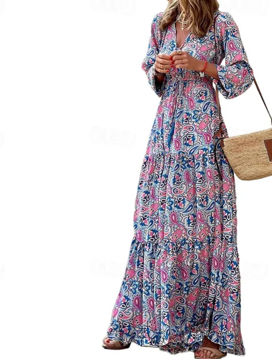 Outlet Women's Maxi long Dress Casual Dress Boho Chic Dresses Long Sleeve Boho Dress Boho Dress Elegant Bohemia Stylish Winter Dress Vacation Daily Regular Fit Floral Long Sleeve V Neck Pink Green Fall Women Spring Dresses