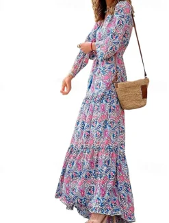 Outlet Women's Maxi long Dress Casual Dress Boho Chic Dresses Long Sleeve Boho Dress Boho Dress Elegant Bohemia Stylish Winter Dress Vacation Daily Regular Fit Floral Long Sleeve V Neck Pink Green Fall Women Spring Dresses