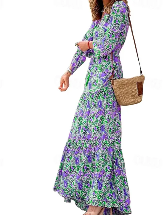 Outlet Women's Maxi long Dress Casual Dress Boho Chic Dresses Long Sleeve Boho Dress Boho Dress Elegant Bohemia Stylish Winter Dress Vacation Daily Regular Fit Floral Long Sleeve V Neck Pink Green Fall Women Spring Dresses
