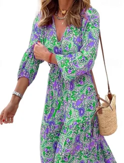 Outlet Women's Maxi long Dress Casual Dress Boho Chic Dresses Long Sleeve Boho Dress Boho Dress Elegant Bohemia Stylish Winter Dress Vacation Daily Regular Fit Floral Long Sleeve V Neck Pink Green Fall Women Spring Dresses
