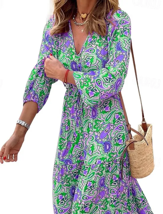 Outlet Women's Maxi long Dress Casual Dress Boho Chic Dresses Long Sleeve Boho Dress Boho Dress Elegant Bohemia Stylish Winter Dress Vacation Daily Regular Fit Floral Long Sleeve V Neck Pink Green Fall Women Spring Dresses
