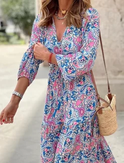 Outlet Women's Maxi long Dress Casual Dress Boho Chic Dresses Long Sleeve Boho Dress Boho Dress Elegant Bohemia Stylish Winter Dress Vacation Daily Regular Fit Floral Long Sleeve V Neck Pink Green Fall Women Spring Dresses