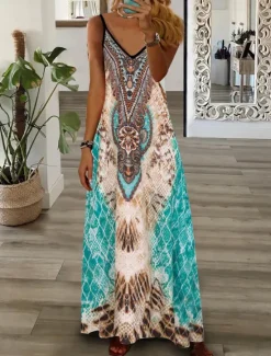 Online Women's Maxi long Dress Casual Dress A Line Dress Slip Dress Geometric Tribal Vintage Retro Outdoor Daily Date Ruched Print Sleeveless V Neck Dress Regular Fit Royal Blue Blue Summer Spring S M L XL Women Vacation Dresses