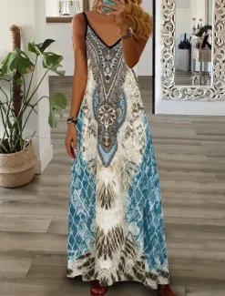 Online Women's Maxi long Dress Casual Dress A Line Dress Slip Dress Geometric Tribal Vintage Retro Outdoor Daily Date Ruched Print Sleeveless V Neck Dress Regular Fit Royal Blue Blue Summer Spring S M L XL Women Vacation Dresses
