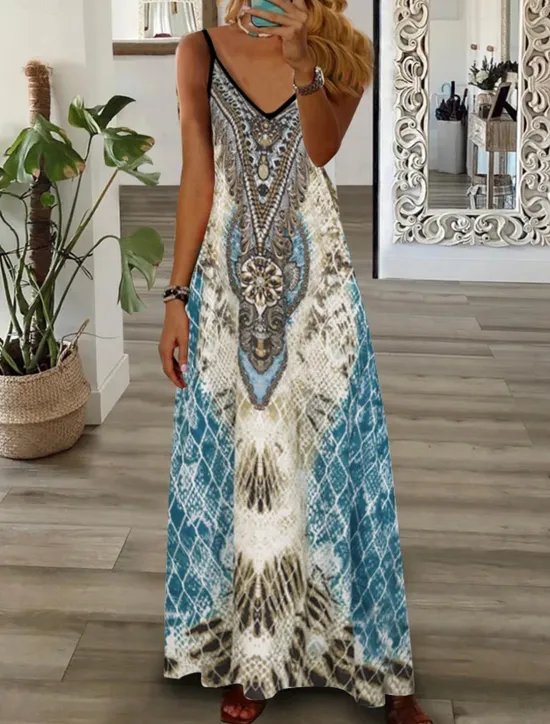 Online Women's Maxi long Dress Casual Dress A Line Dress Slip Dress Geometric Tribal Vintage Retro Outdoor Daily Date Ruched Print Sleeveless V Neck Dress Regular Fit Royal Blue Blue Summer Spring S M L XL Women Vacation Dresses