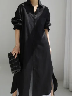 Clearance Women's Maxi long Dress Linen-Inspired Dresses Shirt Dress Casual Dress Shift Dress Casual Mature Winter Dress Vacation Daily Loose Fit Pure Color Long Sleeve Shirt Collar Black Navy Blue Beige Women Dresses