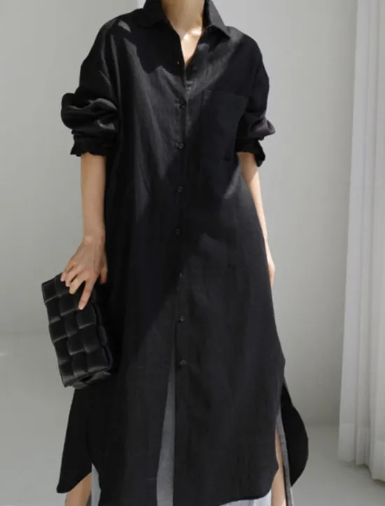 Clearance Women's Maxi long Dress Linen-Inspired Dresses Shirt Dress Casual Dress Shift Dress Casual Mature Winter Dress Vacation Daily Loose Fit Pure Color Long Sleeve Shirt Collar Black Navy Blue Beige Women Dresses