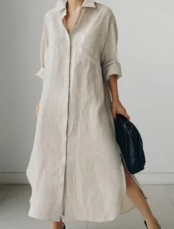 Clearance Women's Maxi long Dress Linen-Inspired Dresses Shirt Dress Casual Dress Shift Dress Casual Mature Winter Dress Vacation Daily Loose Fit Pure Color Long Sleeve Shirt Collar Black Navy Blue Beige Women Dresses