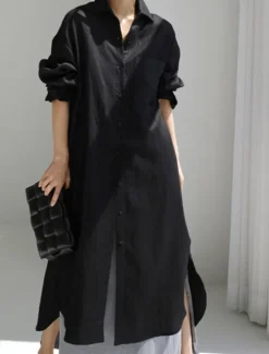 Clearance Women's Maxi long Dress Linen-Inspired Dresses Shirt Dress Casual Dress Shift Dress Casual Mature Winter Dress Vacation Daily Loose Fit Pure Color Long Sleeve Shirt Collar Black Navy Blue Beige Women Dresses