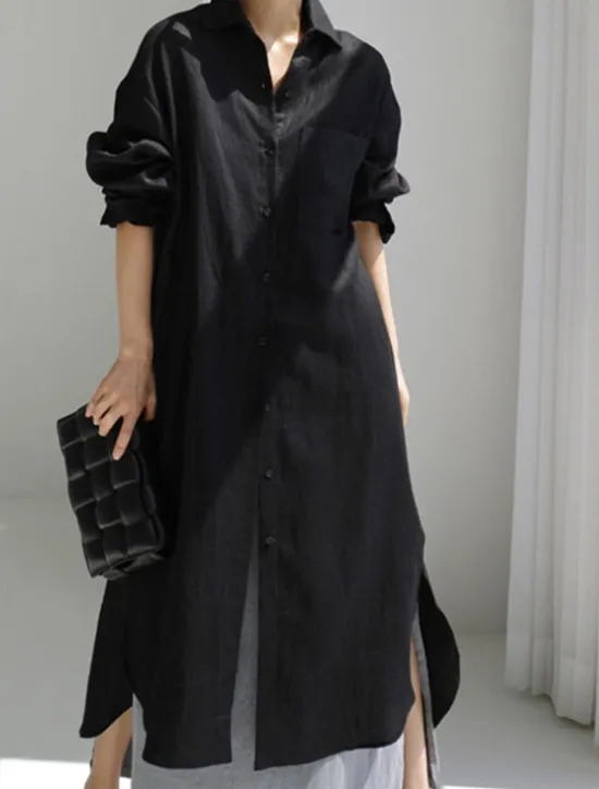 Clearance Women's Maxi long Dress Linen-Inspired Dresses Shirt Dress Casual Dress Shift Dress Casual Mature Winter Dress Vacation Daily Loose Fit Pure Color Long Sleeve Shirt Collar Black Navy Blue Beige Women Dresses