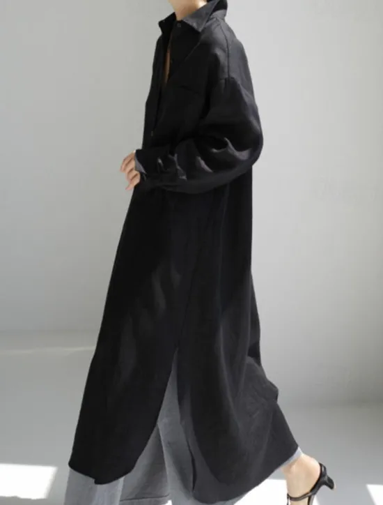 Clearance Women's Maxi long Dress Linen-Inspired Dresses Shirt Dress Casual Dress Shift Dress Casual Mature Winter Dress Vacation Daily Loose Fit Pure Color Long Sleeve Shirt Collar Black Navy Blue Beige Women Dresses