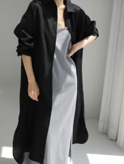 Clearance Women's Maxi long Dress Linen-Inspired Dresses Shirt Dress Casual Dress Shift Dress Casual Mature Winter Dress Vacation Daily Loose Fit Pure Color Long Sleeve Shirt Collar Black Navy Blue Beige Women Dresses