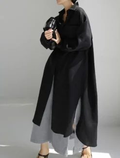 Clearance Women's Maxi long Dress Linen-Inspired Dresses Shirt Dress Casual Dress Shift Dress Casual Mature Winter Dress Vacation Daily Loose Fit Pure Color Long Sleeve Shirt Collar Black Navy Blue Beige Women Dresses