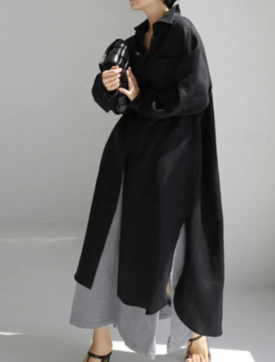 Clearance Women's Maxi long Dress Linen-Inspired Dresses Shirt Dress Casual Dress Shift Dress Casual Mature Winter Dress Vacation Daily Loose Fit Pure Color Long Sleeve Shirt Collar Black Navy Blue Beige Women Dresses