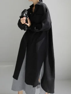 Clearance Women's Maxi long Dress Linen-Inspired Dresses Shirt Dress Casual Dress Shift Dress Casual Mature Winter Dress Vacation Daily Loose Fit Pure Color Long Sleeve Shirt Collar Black Navy Blue Beige Women Dresses