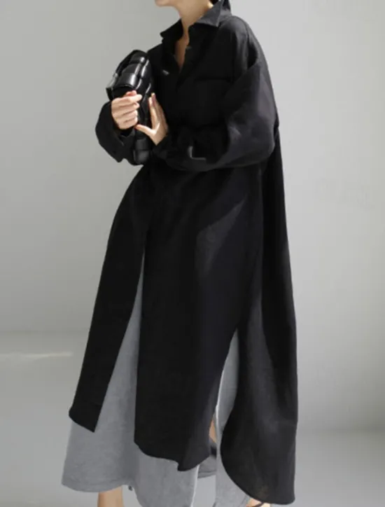 Clearance Women's Maxi long Dress Linen-Inspired Dresses Shirt Dress Casual Dress Shift Dress Casual Mature Winter Dress Vacation Daily Loose Fit Pure Color Long Sleeve Shirt Collar Black Navy Blue Beige Women Dresses