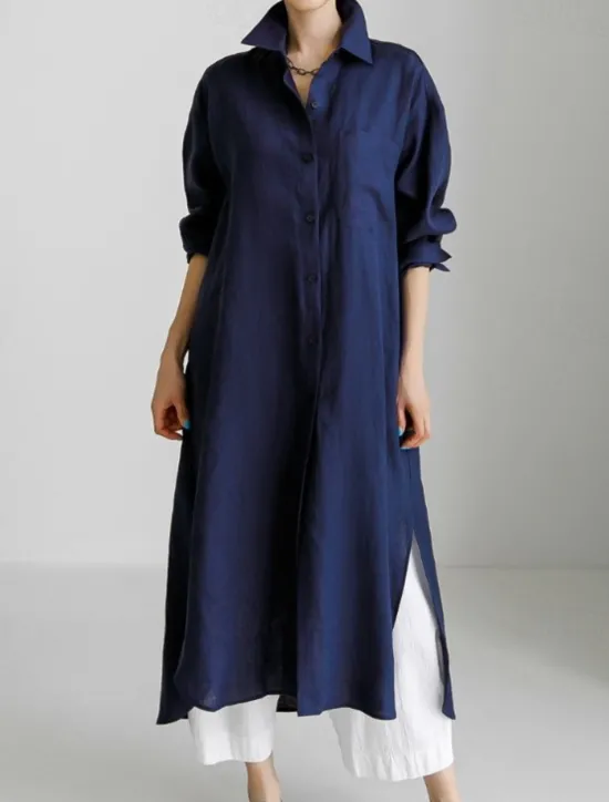 Clearance Women's Maxi long Dress Linen-Inspired Dresses Shirt Dress Casual Dress Shift Dress Casual Mature Winter Dress Vacation Daily Loose Fit Pure Color Long Sleeve Shirt Collar Black Navy Blue Beige Women Dresses