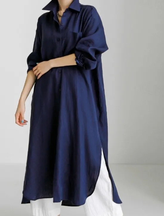 Clearance Women's Maxi long Dress Linen-Inspired Dresses Shirt Dress Casual Dress Shift Dress Casual Mature Winter Dress Vacation Daily Loose Fit Pure Color Long Sleeve Shirt Collar Black Navy Blue Beige Women Dresses