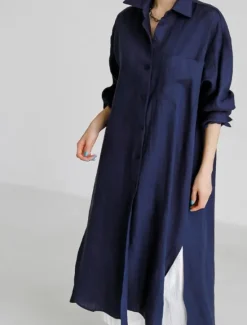 Clearance Women's Maxi long Dress Linen-Inspired Dresses Shirt Dress Casual Dress Shift Dress Casual Mature Winter Dress Vacation Daily Loose Fit Pure Color Long Sleeve Shirt Collar Black Navy Blue Beige Women Dresses