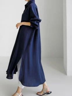 Clearance Women's Maxi long Dress Linen-Inspired Dresses Shirt Dress Casual Dress Shift Dress Casual Mature Winter Dress Vacation Daily Loose Fit Pure Color Long Sleeve Shirt Collar Black Navy Blue Beige Women Dresses
