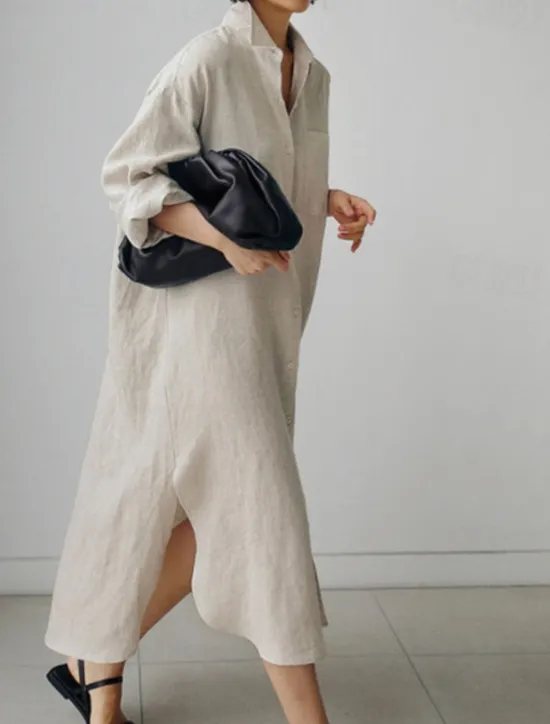 Clearance Women's Maxi long Dress Linen-Inspired Dresses Shirt Dress Casual Dress Shift Dress Casual Mature Winter Dress Vacation Daily Loose Fit Pure Color Long Sleeve Shirt Collar Black Navy Blue Beige Women Dresses