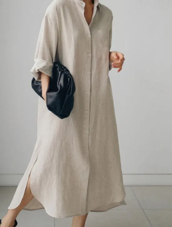 Clearance Women's Maxi long Dress Linen-Inspired Dresses Shirt Dress Casual Dress Shift Dress Casual Mature Winter Dress Vacation Daily Loose Fit Pure Color Long Sleeve Shirt Collar Black Navy Blue Beige Women Dresses