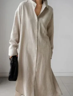 Clearance Women's Maxi long Dress Linen-Inspired Dresses Shirt Dress Casual Dress Shift Dress Casual Mature Winter Dress Vacation Daily Loose Fit Pure Color Long Sleeve Shirt Collar Black Navy Blue Beige Women Dresses