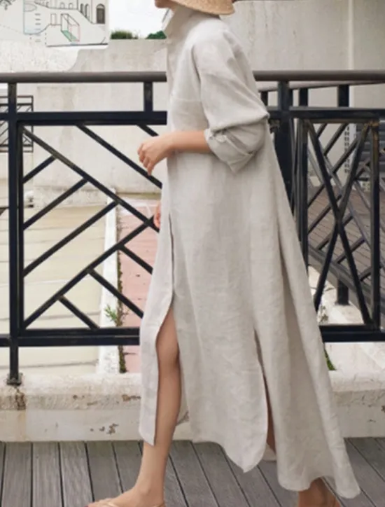 Clearance Women's Maxi long Dress Linen-Inspired Dresses Shirt Dress Casual Dress Shift Dress Casual Mature Winter Dress Vacation Daily Loose Fit Pure Color Long Sleeve Shirt Collar Black Navy Blue Beige Women Dresses