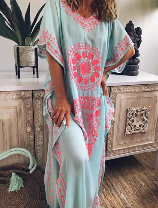 Hot Women's Maxi long Dress Long Dress Maxi Dress Casual Dress T Shirt Dress Tee Dress Boho Dress Print Dress Fashion Bohemian Casual Outdoor Vacation Daily Loose Fit Floral Short Sleeve V Neck Sky Blue Women Floral Dresses