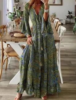Clearance Women's Maxi long Dress Long Sleeve Boho Dress Boho Dress Print Dress Bohemia Fashion Streetwear Flared Sleeve Street Holiday Going out Loose Fit Graphic V Neck Red Blue Purple Orange Summer Spring Women Floral Dresses