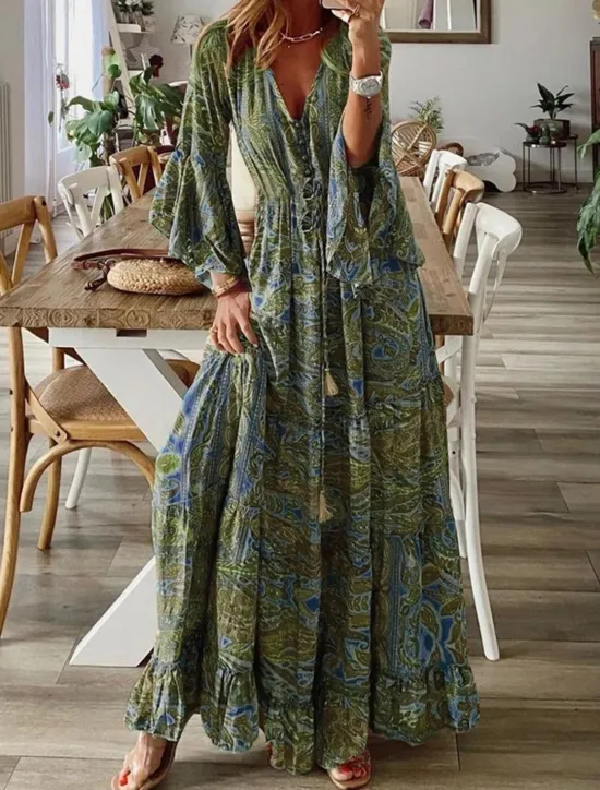 Clearance Women's Maxi long Dress Long Sleeve Boho Dress Boho Dress Print Dress Bohemia Fashion Streetwear Flared Sleeve Street Holiday Going out Loose Fit Graphic V Neck Red Blue Purple Orange Summer Spring Women Floral Dresses
