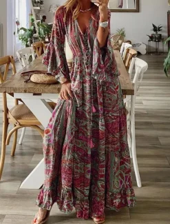 Clearance Women's Maxi long Dress Long Sleeve Boho Dress Boho Dress Print Dress Bohemia Fashion Streetwear Flared Sleeve Street Holiday Going out Loose Fit Graphic V Neck Red Blue Purple Orange Summer Spring Women Floral Dresses