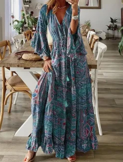 Clearance Women's Maxi long Dress Long Sleeve Boho Dress Boho Dress Print Dress Bohemia Fashion Streetwear Flared Sleeve Street Holiday Going out Loose Fit Graphic V Neck Red Blue Purple Orange Summer Spring Women Floral Dresses