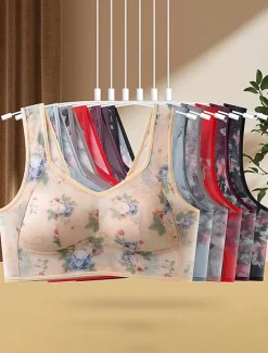 Online Women's Mesh Floral Print Bra Graphic Bra Wirefree Non Padded Full Coverage Solid Moulded Everyday Bra Home Outfits Women Lingerie
