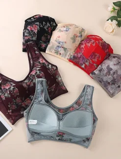 Online Women's Mesh Floral Print Bra Graphic Bra Wirefree Non Padded Full Coverage Solid Moulded Everyday Bra Home Outfits Women Lingerie