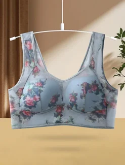Online Women's Mesh Floral Print Bra Graphic Bra Wirefree Non Padded Full Coverage Solid Moulded Everyday Bra Home Outfits Women Lingerie