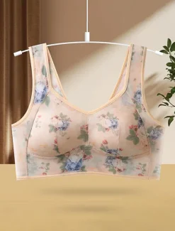 Online Women's Mesh Floral Print Bra Graphic Bra Wirefree Non Padded Full Coverage Solid Moulded Everyday Bra Home Outfits Women Lingerie