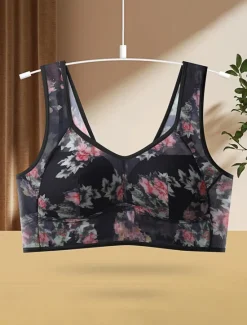 Online Women's Mesh Floral Print Bra Graphic Bra Wirefree Non Padded Full Coverage Solid Moulded Everyday Bra Home Outfits Women Lingerie