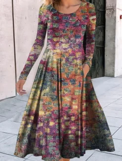 New Women's Midi Dress A Line Dress Casual Dress Winter Dress Swing Dress Fashion Streetwear Mature Formal Outdoor Vacation Regular Fit Geometric Color Block Tribal Long Sleeve Crew Neck Black Red Women Casual Dress