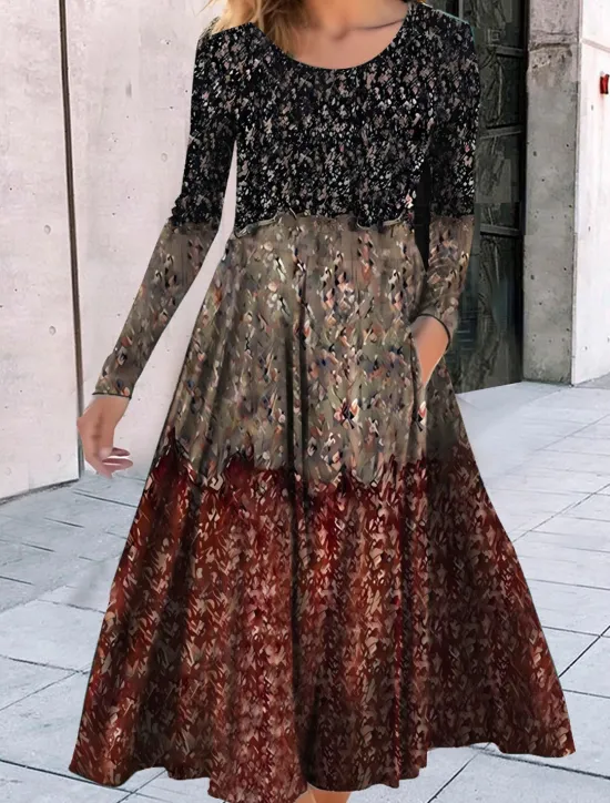 New Women's Midi Dress A Line Dress Casual Dress Winter Dress Swing Dress Fashion Streetwear Mature Formal Outdoor Vacation Regular Fit Geometric Color Block Tribal Long Sleeve Crew Neck Black Red Women Casual Dress