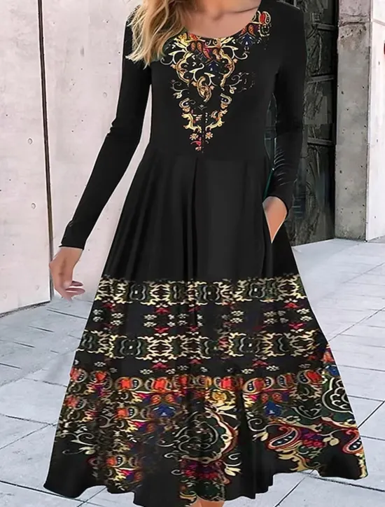New Women's Midi Dress A Line Dress Casual Dress Winter Dress Swing Dress Fashion Streetwear Mature Formal Outdoor Vacation Regular Fit Geometric Color Block Tribal Long Sleeve Crew Neck Black Red Women Casual Dress