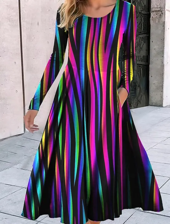 New Women's Midi Dress A Line Dress Casual Dress Winter Dress Swing Dress Fashion Streetwear Mature Formal Outdoor Vacation Regular Fit Geometric Color Block Tribal Long Sleeve Crew Neck Black Red Women Casual Dress