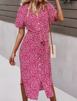 Discount Women's Midi Dress A Line Dress Casual Outdoor Going out Regular Fit Floral Short Sleeve Turndown Black Yellow Red Sky Blue Summer Women Vacation Dresses|Sundresses