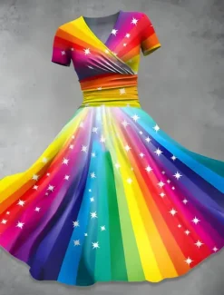 Online Women's Midi Dress A Line Dress Summer Dress Fit And Flare Dress Party Casual Daily Holiday Regular Fit Graphic Geometric Color Block Short Sleeve V Neck Yellow Purple Green Summer Women Casual Dress