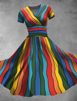 Online Women's Midi Dress A Line Dress Summer Dress Fit And Flare Dress Party Casual Daily Holiday Regular Fit Graphic Geometric Color Block Short Sleeve V Neck Yellow Purple Green Summer Women Casual Dress