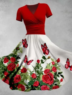 Outlet Women's Midi Dress A Line Dress Casual Outdoor Going out Beach Regular Fit Floral Graphic Short Sleeve V Neck Black Red Purple Green Summer Women Vacation Dresses